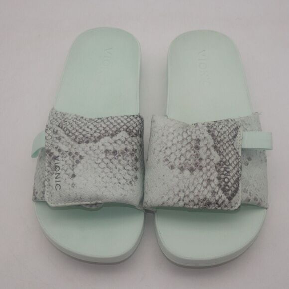 NEW Vionic Keira Women's 5 Orthotic Slide Sandals Green Snake Print Adjustable - Picture 4 of 10